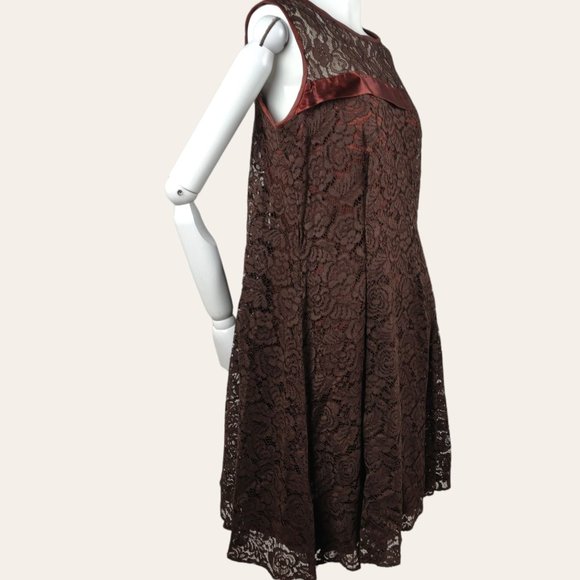 Vintage 1960s Brown Lace Cocktail Dress MOD MCM Tent Flare Satin Bow Lined M - Picture 6 of 12